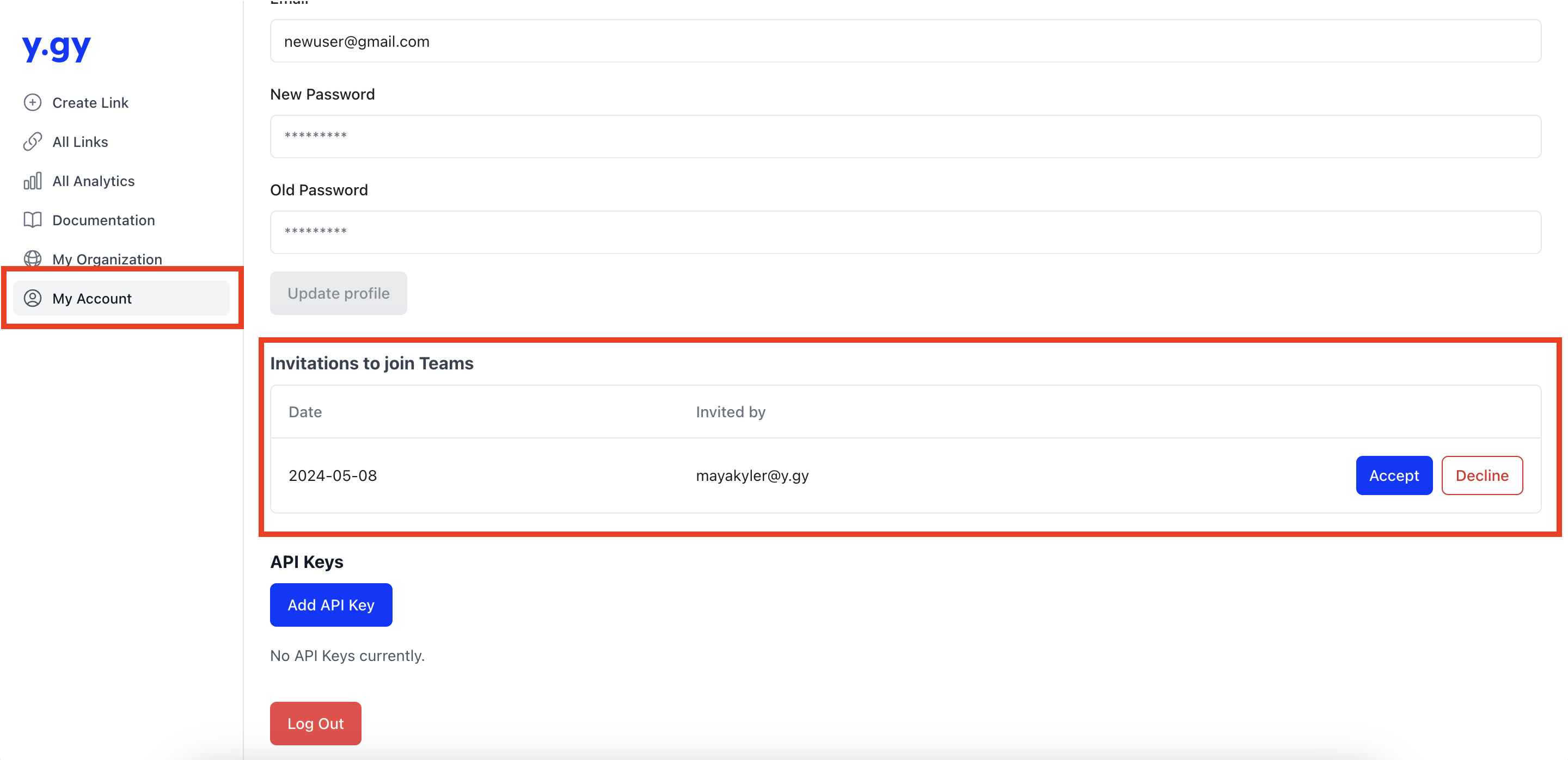 y.gy dashboard: outstanding invitations