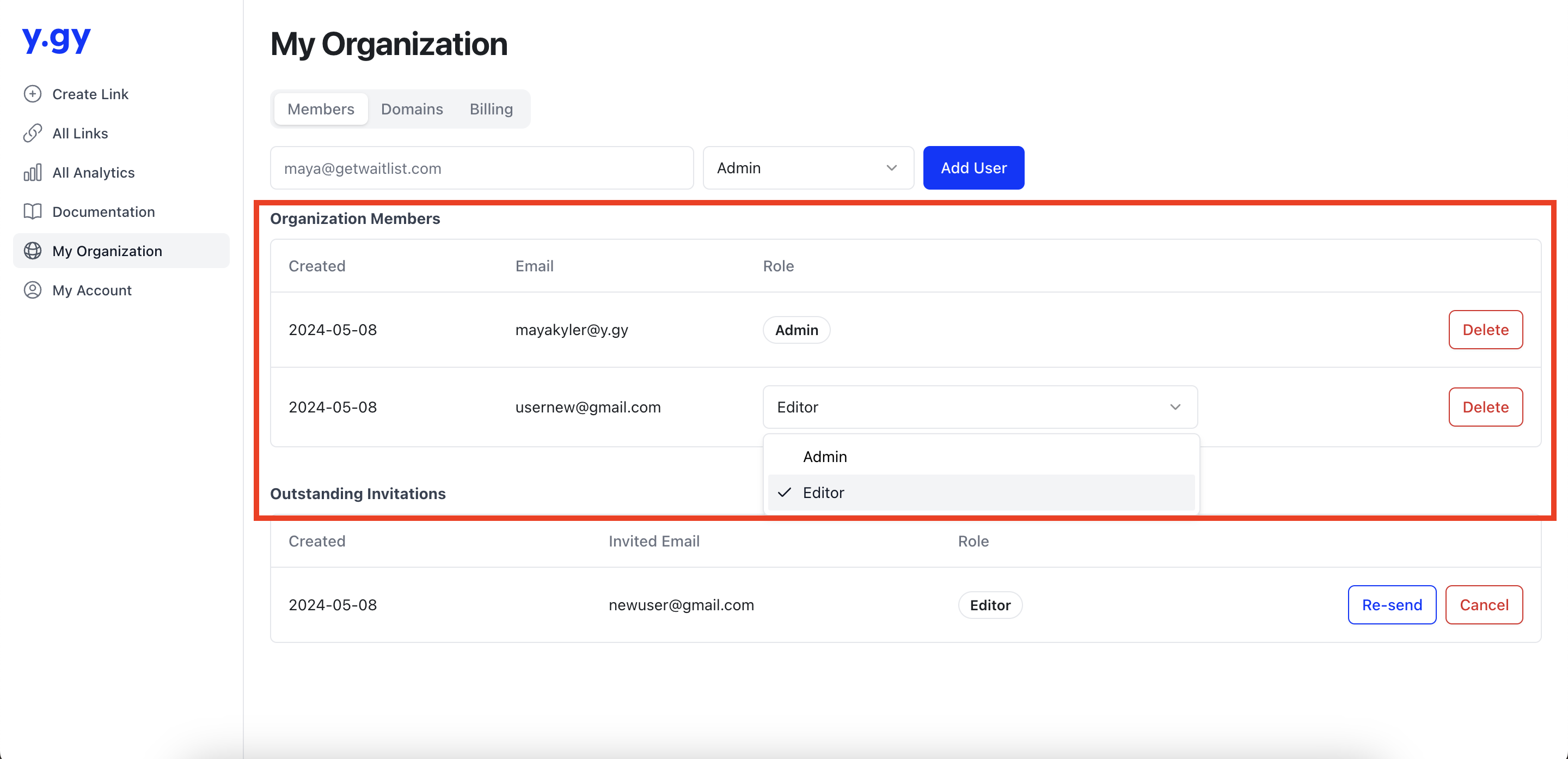 y.gy dashboard: organization members