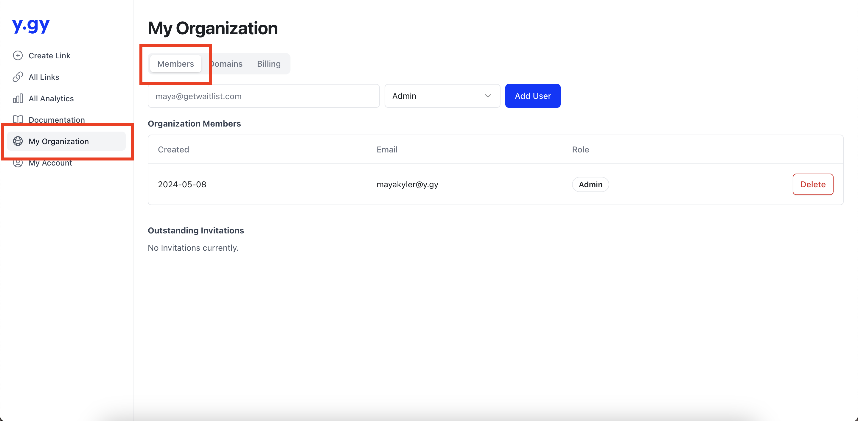 Members Section Under Organization Tab