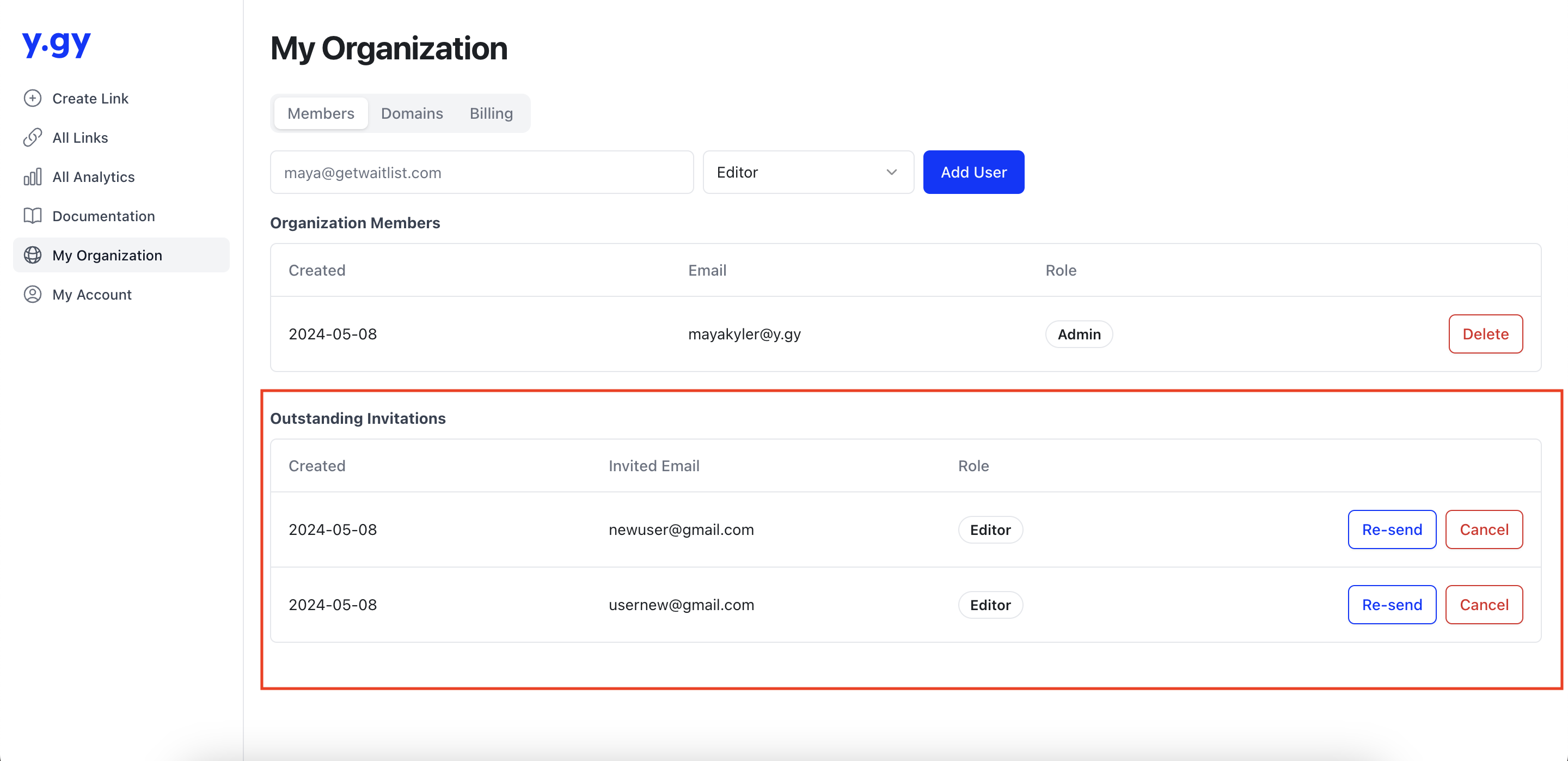 y.gy dashboard: outstanding invitations